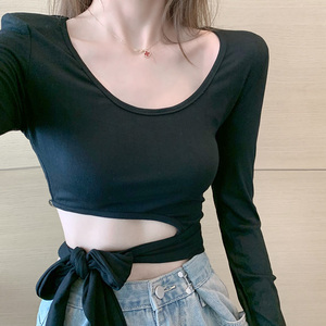 价~短款露腰上衣设计感小众辣妹长袖t恤女图片