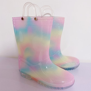 日本儿童雨鞋女童宝宝公主水鞋小学生彩虹雨靴中大童轻便防滑胶鞋