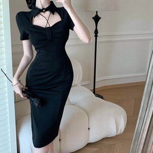 Slim sexy hollow waist slit short sleeve vintage dress