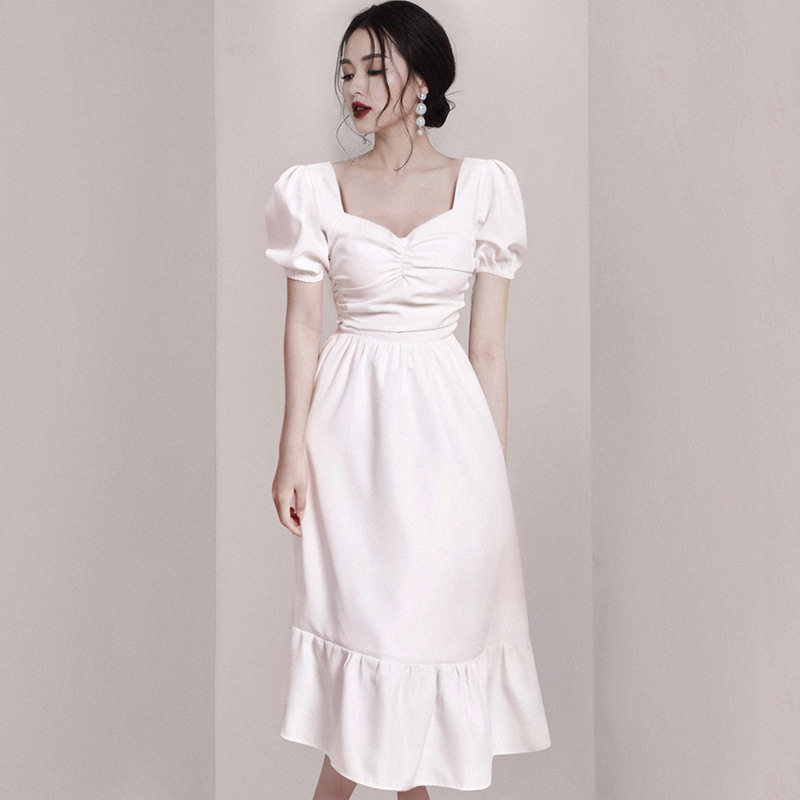 2021夏季时尚新款女装白色裙子泡泡袖仙女轻奢气质温柔风连衣裙女