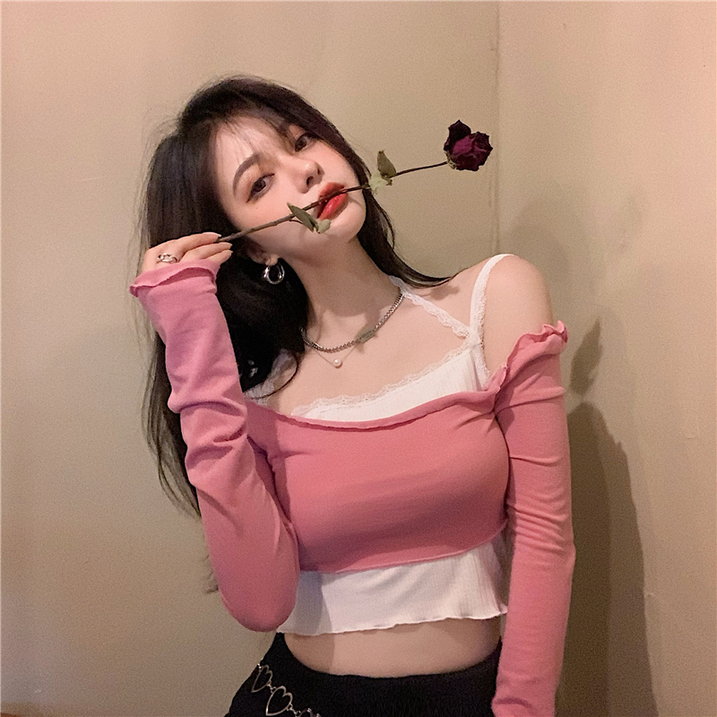 网红直播衣服女主播服装性感一字肩短款露脐长袖t恤女吊带秋季款