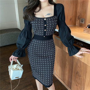 Long sleeve knit panel slim wrap hip skirt