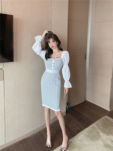 Long sleeve knit panel slim wrap hip skirt