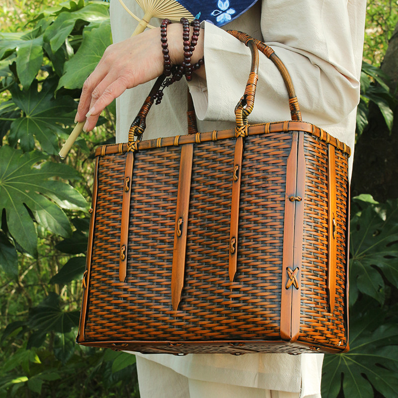 竹包手提包收纳包茶具包复古气质包抽袋女包竹制大容度假便携