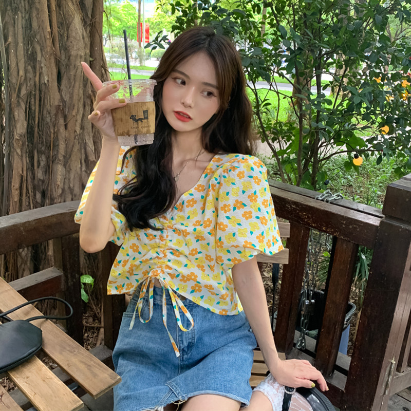 实价实拍 抽绳短款衬衣女设计感小众上衣2021夏季新款泡泡袖衬衫