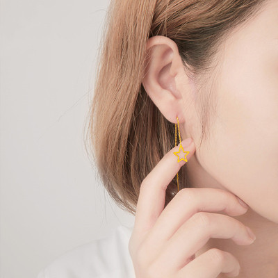 24k黄金耳线纯金镂空五角星耳坠女款时尚星星耳环999足金百搭耳饰