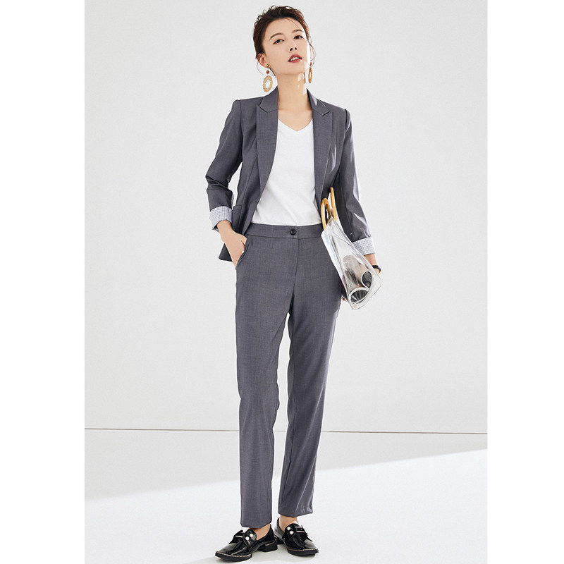 艾尚臣秋季灰色ol气质修身西装工作服职业套装女时尚正装白领工装