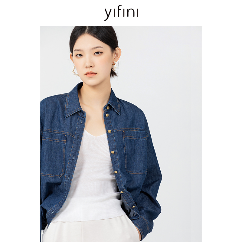 Yifini/易菲宽松短款牛仔外套翻领牛仔衣女春秋新款抽绳上衣