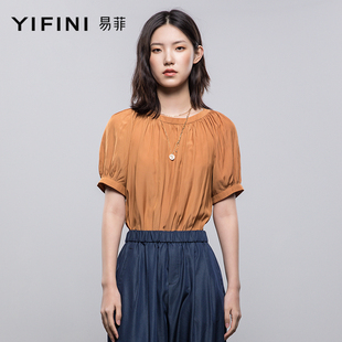 Yifini/易菲雪纺衫女短袖衬衫别致小上衣泡泡袖夏设计感小众新款