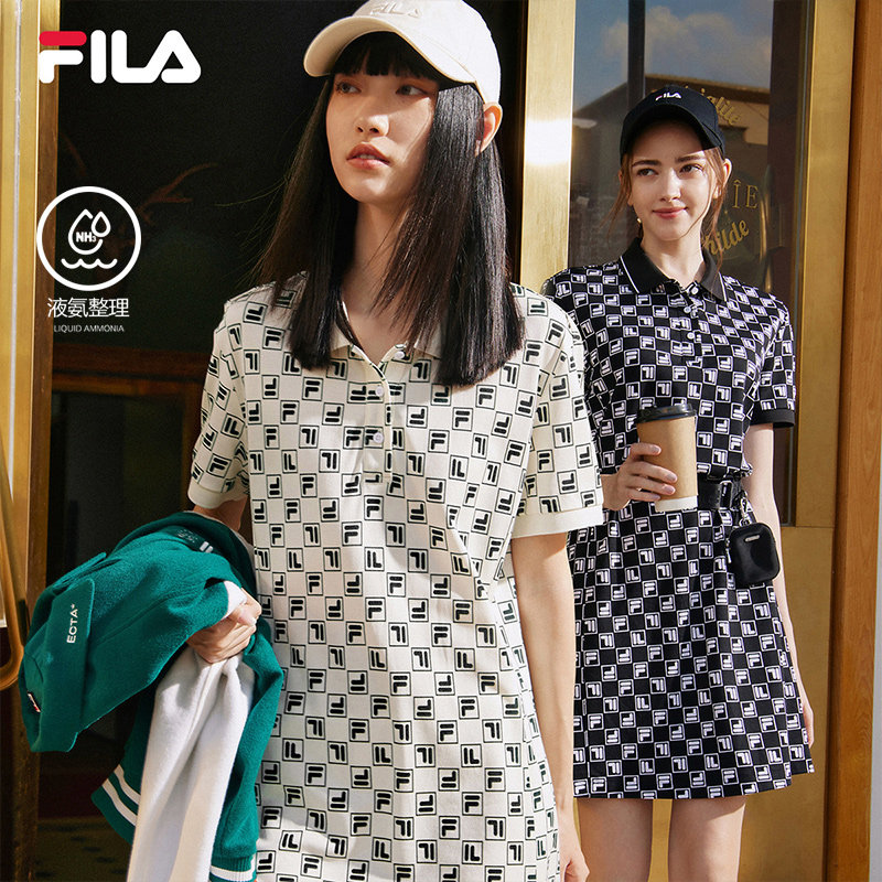 fila斐乐女士老花连衣裙2023夏季美式复古满印修身显瘦polo领裙子