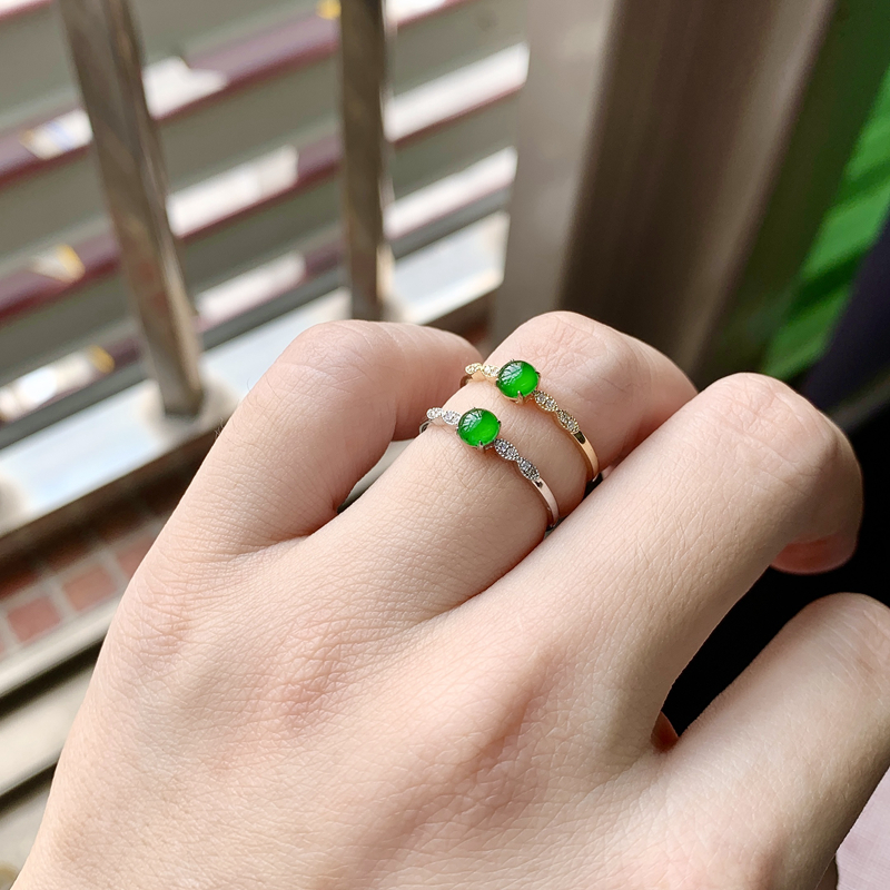 天然冰种翡翠缅甸蛋面玉石指环玫瑰金伴钻镶嵌精品戒指 原价1960元