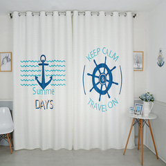 定制蓝色海军风卡通男孩船锚船舵主题儿童房卧室飘窗落地窗窗帘布