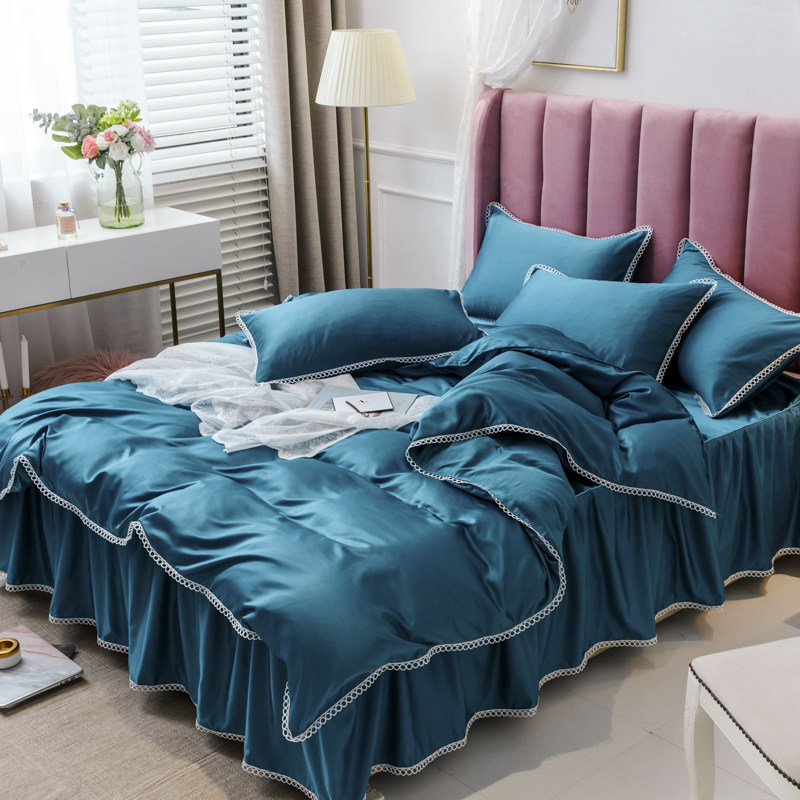 欧式夏季双面真丝床上四件套带床裙款冰丝床罩式双人丝滑绸缎被套