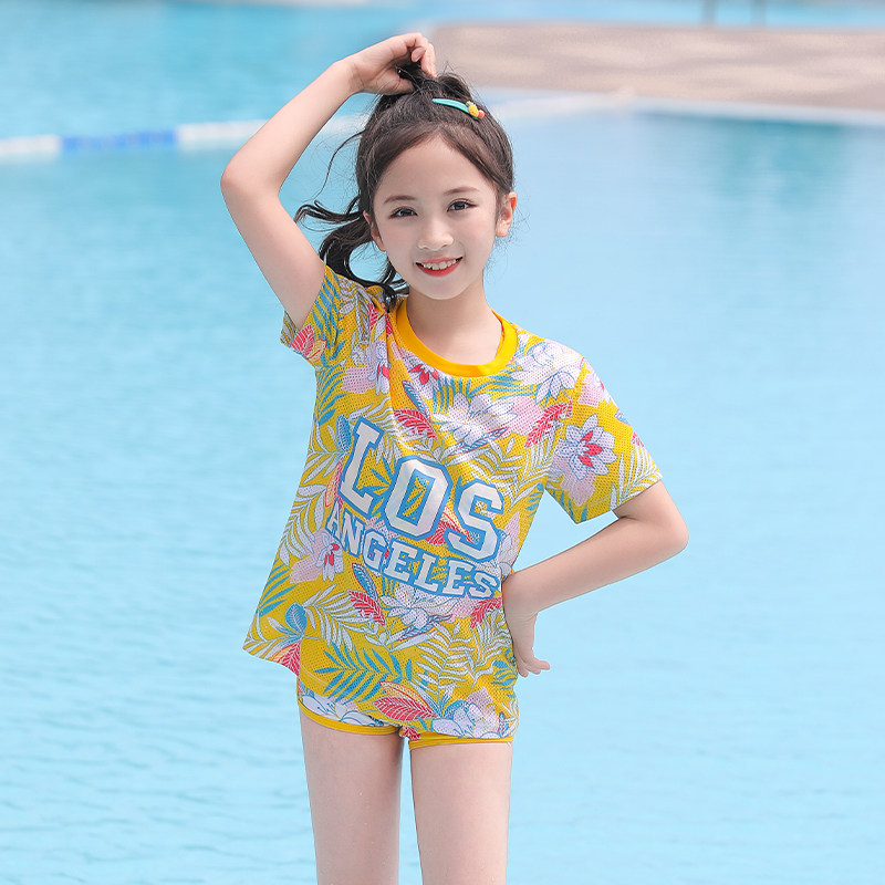 儿童泳衣女孩分体三件套宝宝中大童温泉游泳衣女学生夏季防晒泳装
