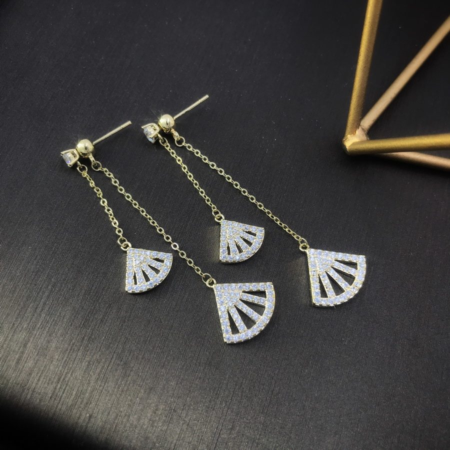 h416韩娜斯子母微镶扇形耳环镶钻密镶扇形双耳线耳饰925银针饰品