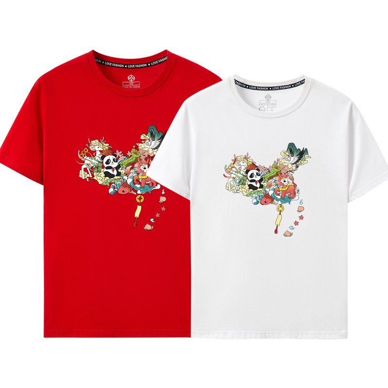 2024短袖T恤新款我爱你中国熊猫卡通可爱班服成都CHINA字样五角星