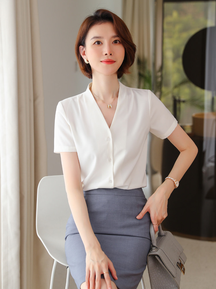 白色短袖职业衬衫套裙女时尚洋气小个子雪纺衬衣大学生白领面试装
