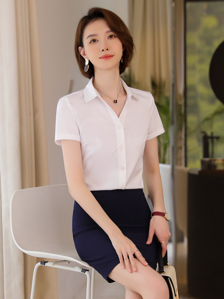 职业套装女套裙夏季短袖雪纺衬衫女神范气质百搭v领衬衣白领工装