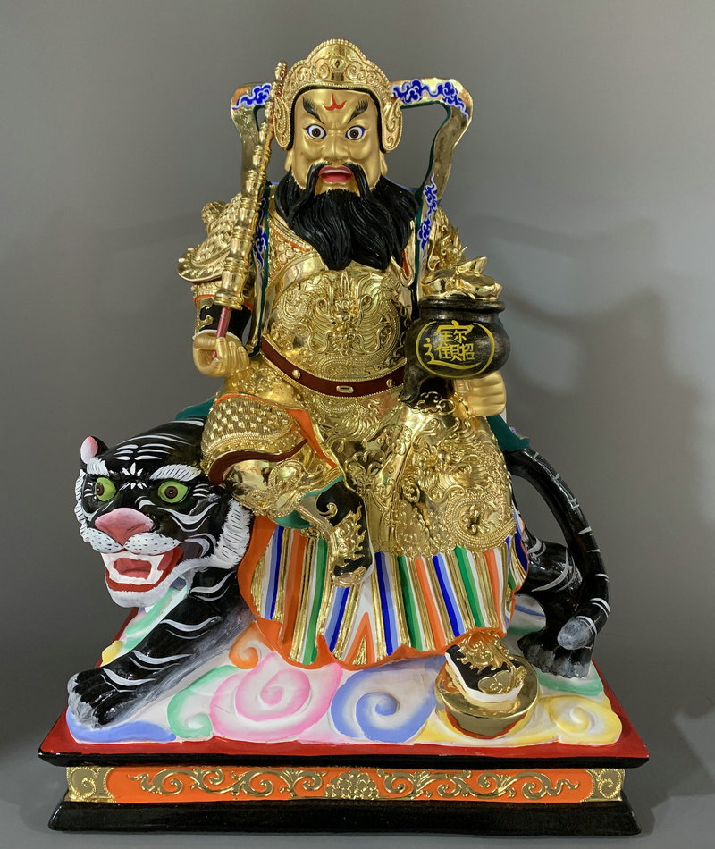 武财神赵公明财神爷道教神仙香樟木漆线雕彩绘贴金手工雕刻整木