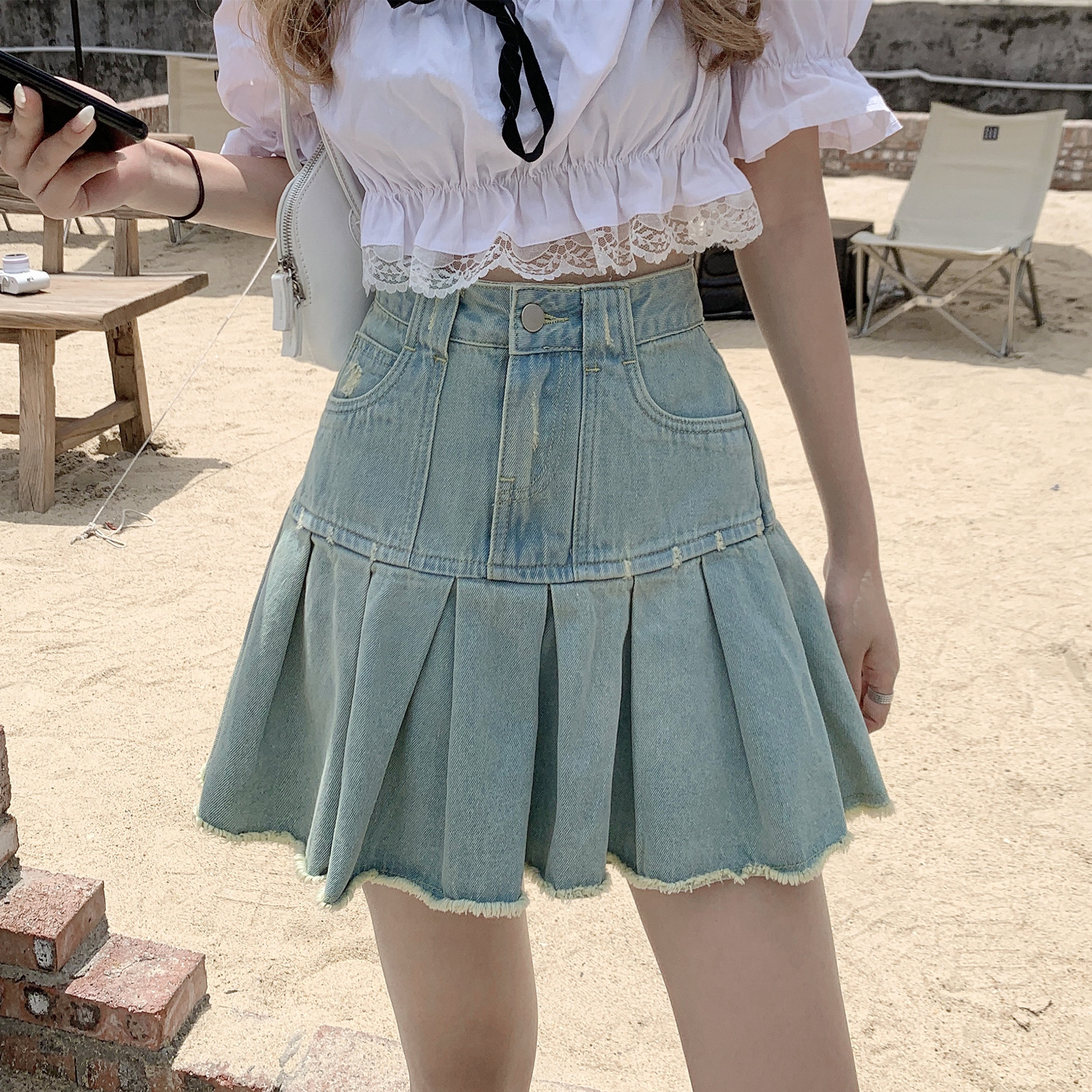 实拍实价 高腰显瘦水洗做旧百褶牛仔半身裙