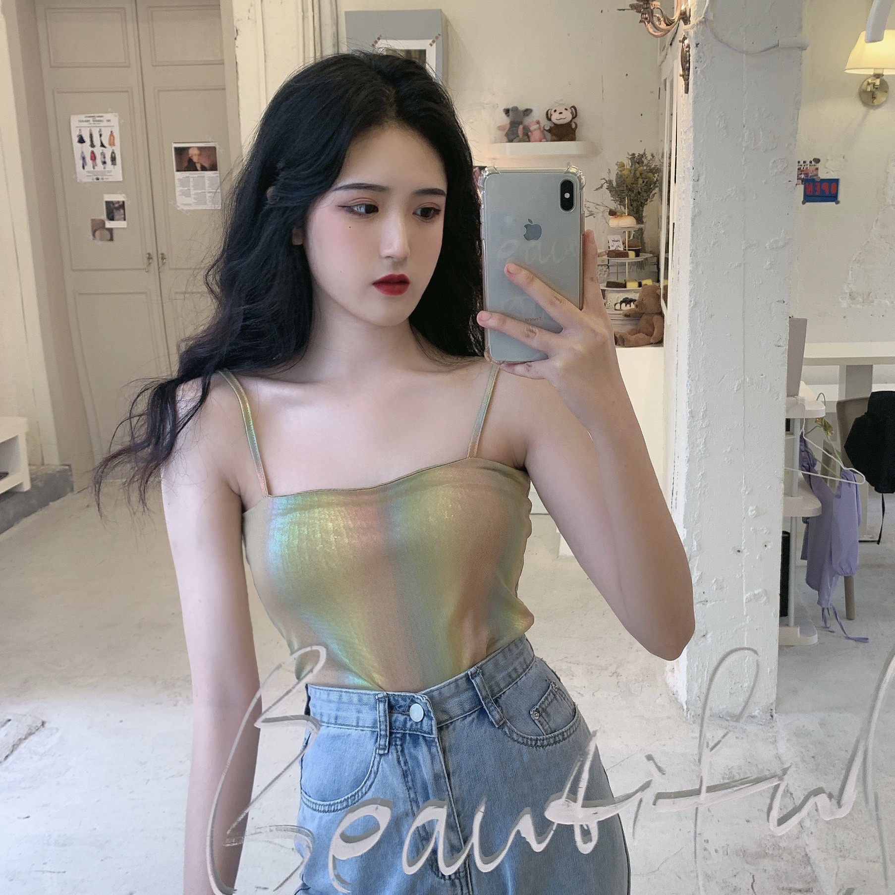 实拍实价 泫雅风光感彩虹色吊带甜美修身清凉内搭吊带上衣