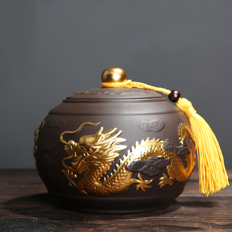 紫砂茶叶罐大号半斤装描金浮雕密封储存罐陶瓷普洱罐茶缸防潮茶盒