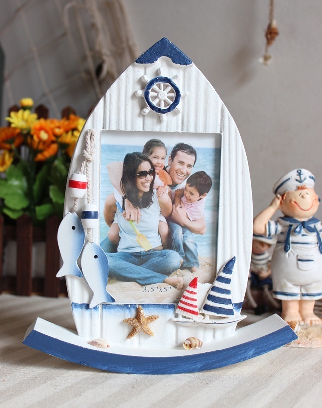 新款地中海家居装饰木质摇摆船形摇摆5寸相框蓝白创意礼品婚庆