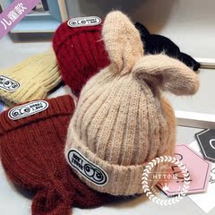 2016新款儿童韩版贴标兔子耳朵毛针织帽毛线帽针织造型帽套头帽子