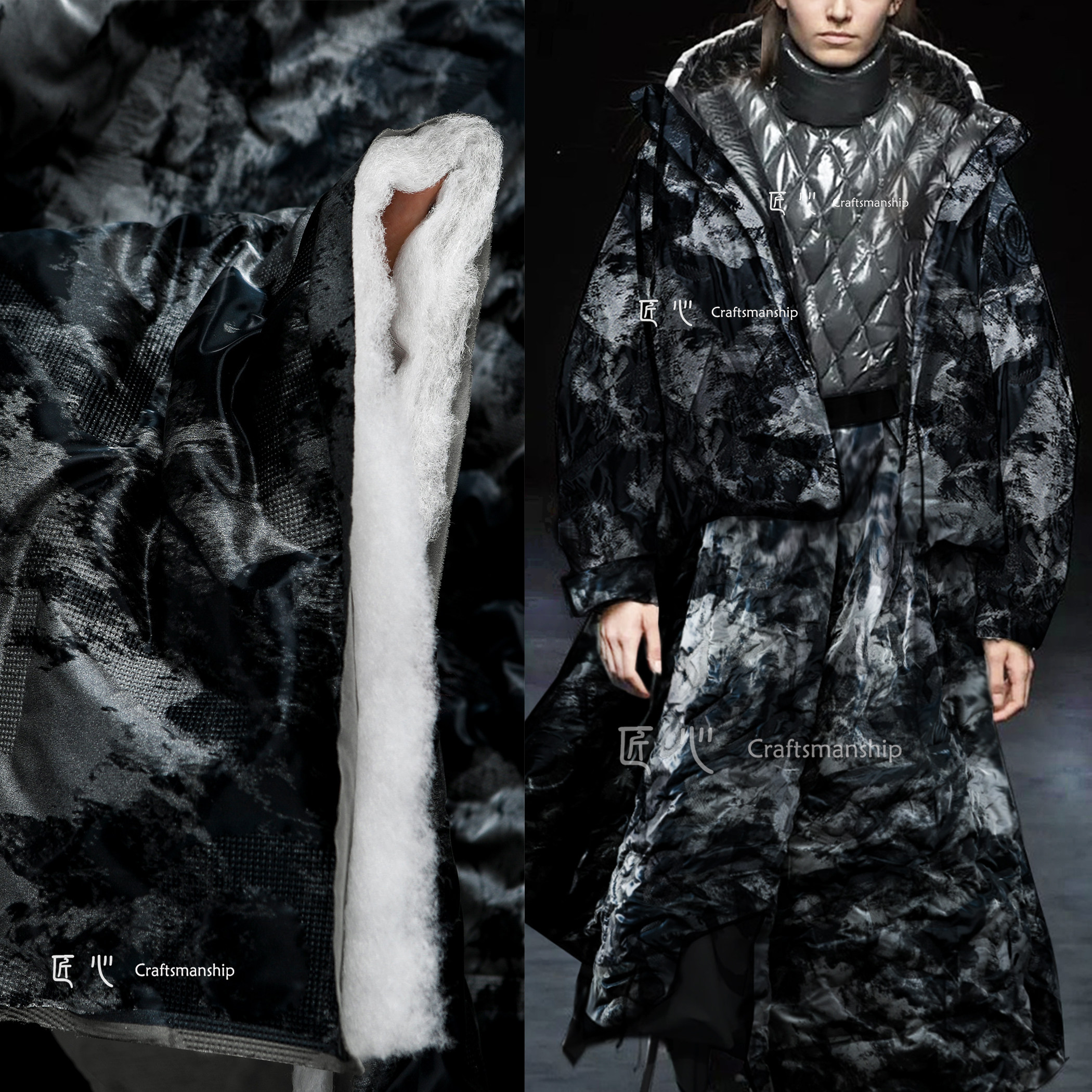 水墨深蓝色暗纹夹棉布创意羽绒棉服肌理绗缝冬季外套服装设计面料