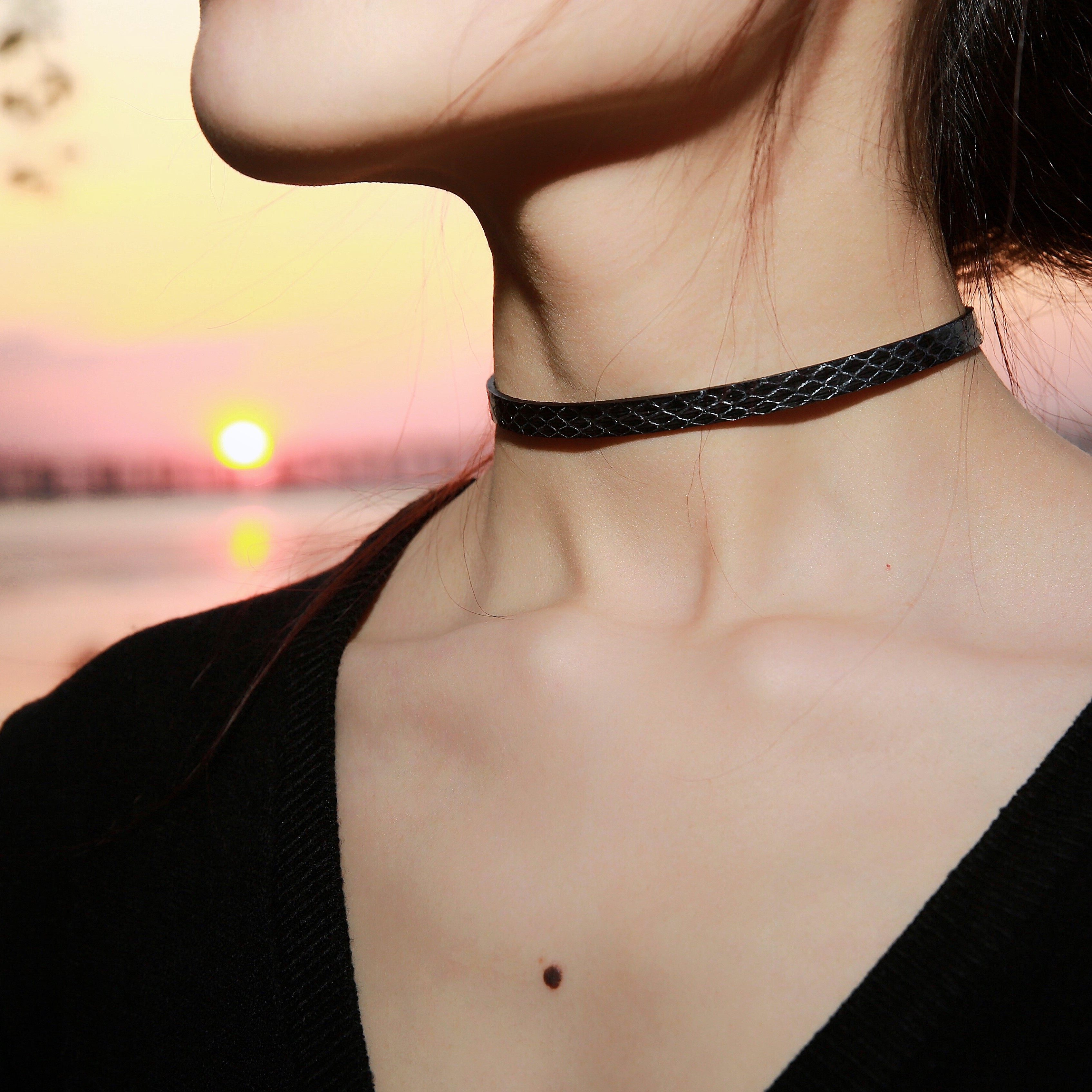 星光银黑色落日归巢手工定制蛇皮sm颈环细choker个性项圈手环新品