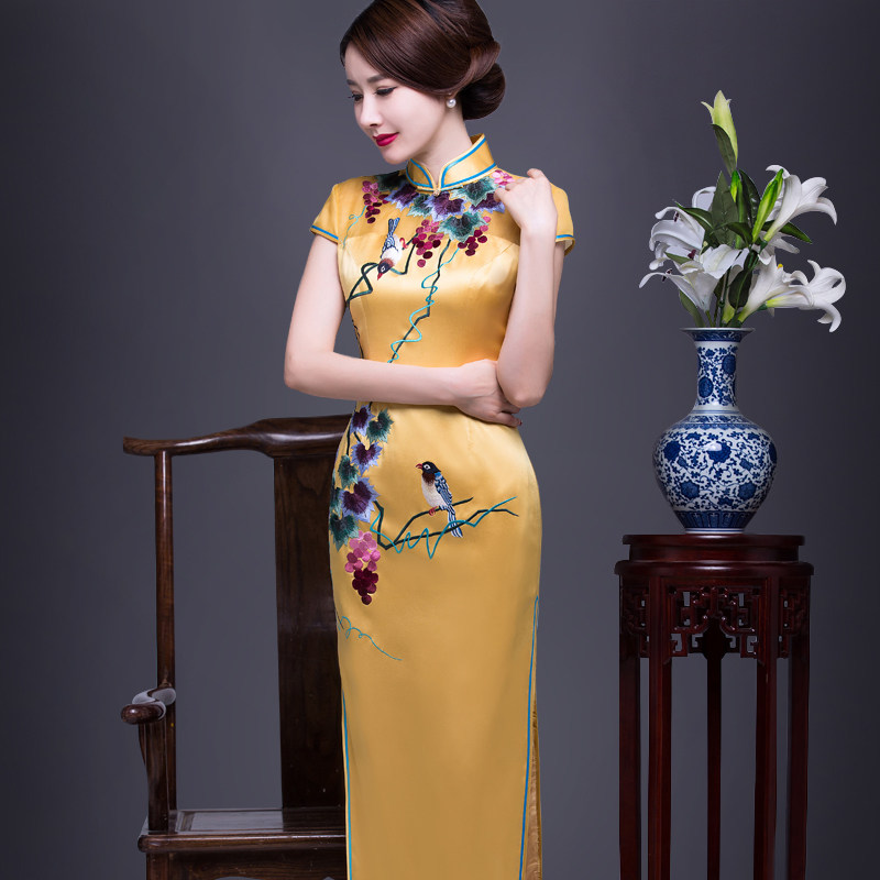 皇后改良旗袍手工绣花礼服旗袍裙长款重磅真丝桑蚕丝日常旗袍修身