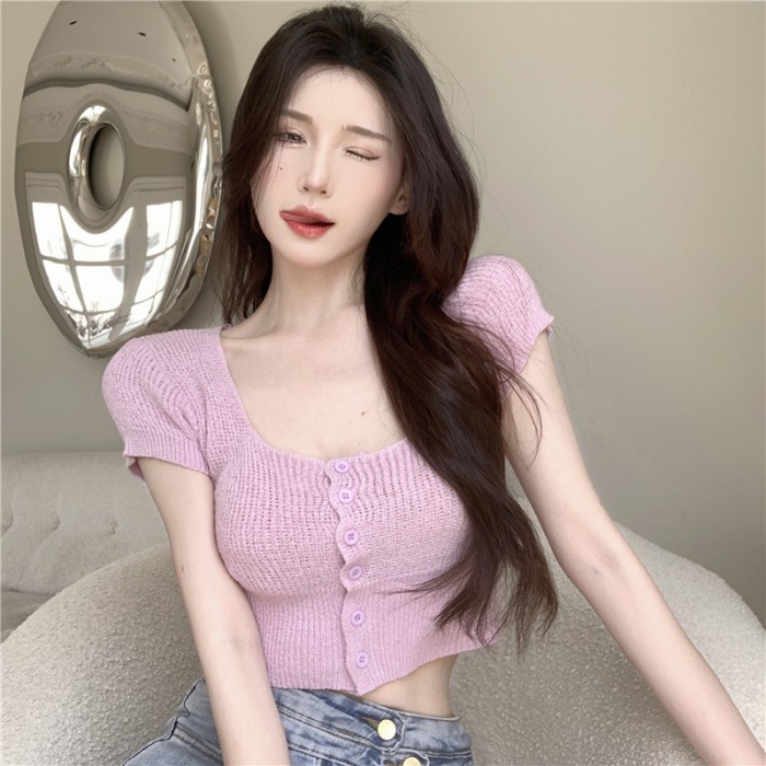 纯欲风女主播衣服直播服装显胸大甜欲风上衣甜辣方领短袖针织衫夏