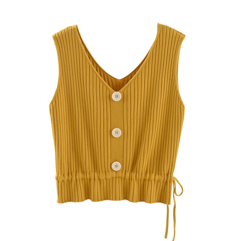 v领排扣针织马甲女毛衣秋冬韩版收腰系带短款毛线背心无袖针织衫