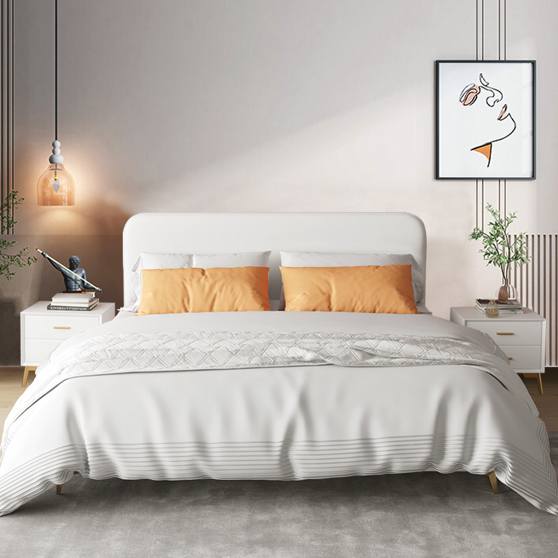 轻奢极简真皮床网红ins风主卧大床双人床现代简约齐边薄床头北欧