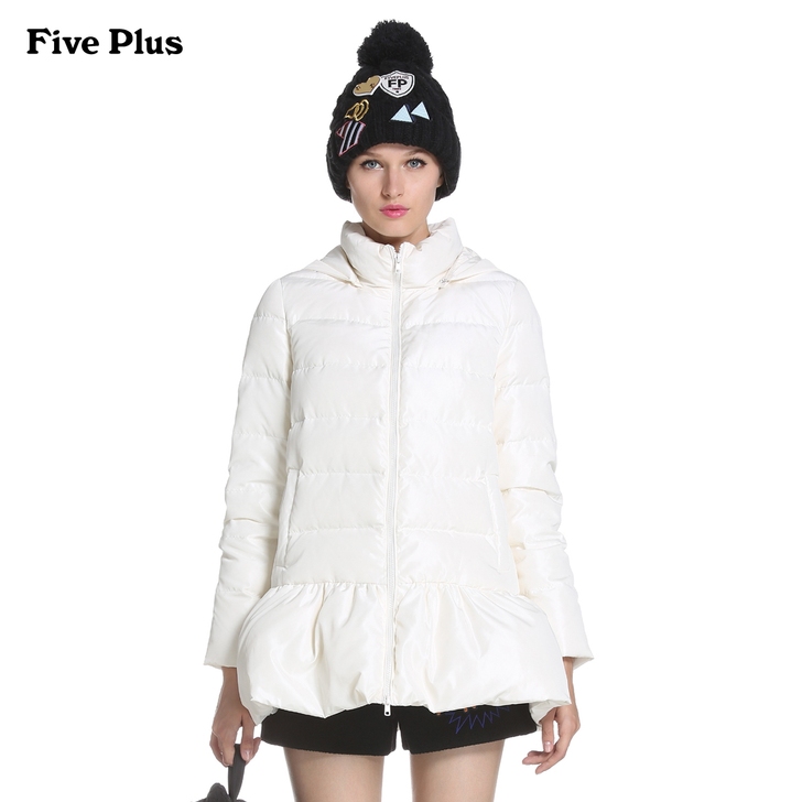 FivePlus荷叶边中长连帽高领羽绒服