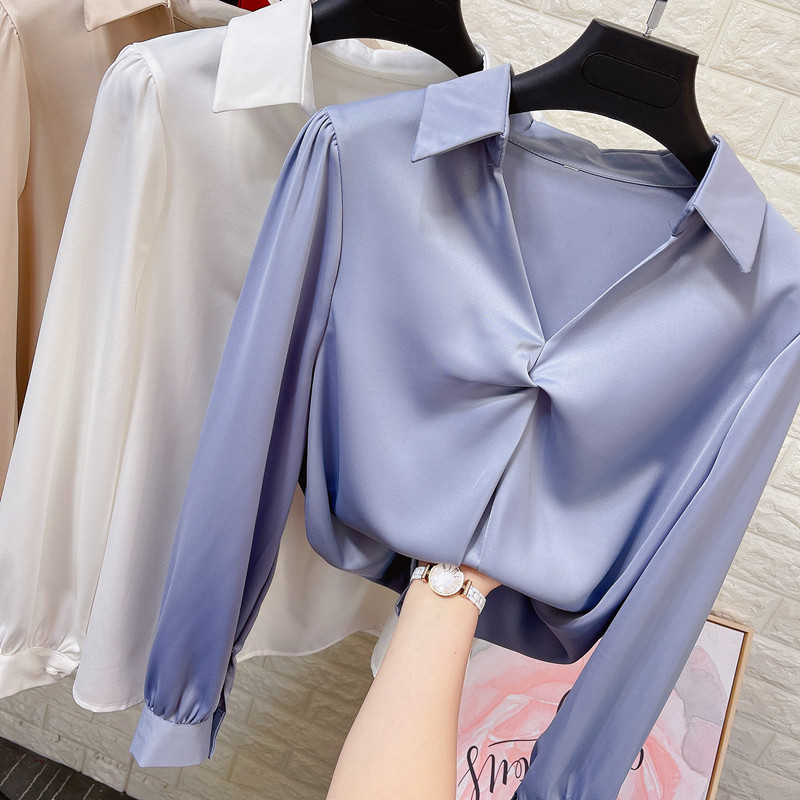 轻熟女翻v领长袖真丝衬衫女春季新款气质ol宽松垂感缎面衬衣上衣