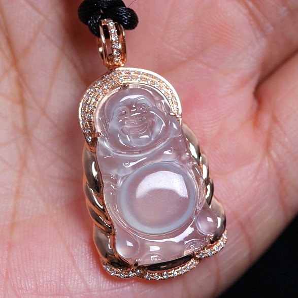 18k玫瑰金伴钻石镶嵌玻璃种翡翠弥勒佛站佛吊坠 4.25克