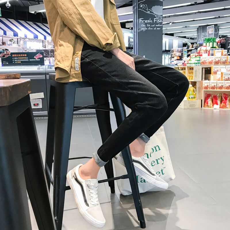 秋鼕款加絨牛仔褲男士小腳修身韓版潮流2017鼕季男生黑色長褲子男