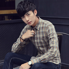 格子冬季男士长袖衬衫青年修身型韩版纯棉保暖衬衣