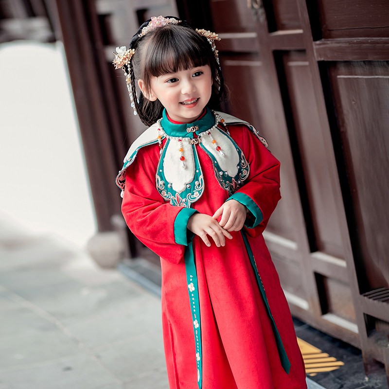 汉服女童冬装宝宝中国风新年拜年服唐装小女孩喜庆云肩刺绣长袍女