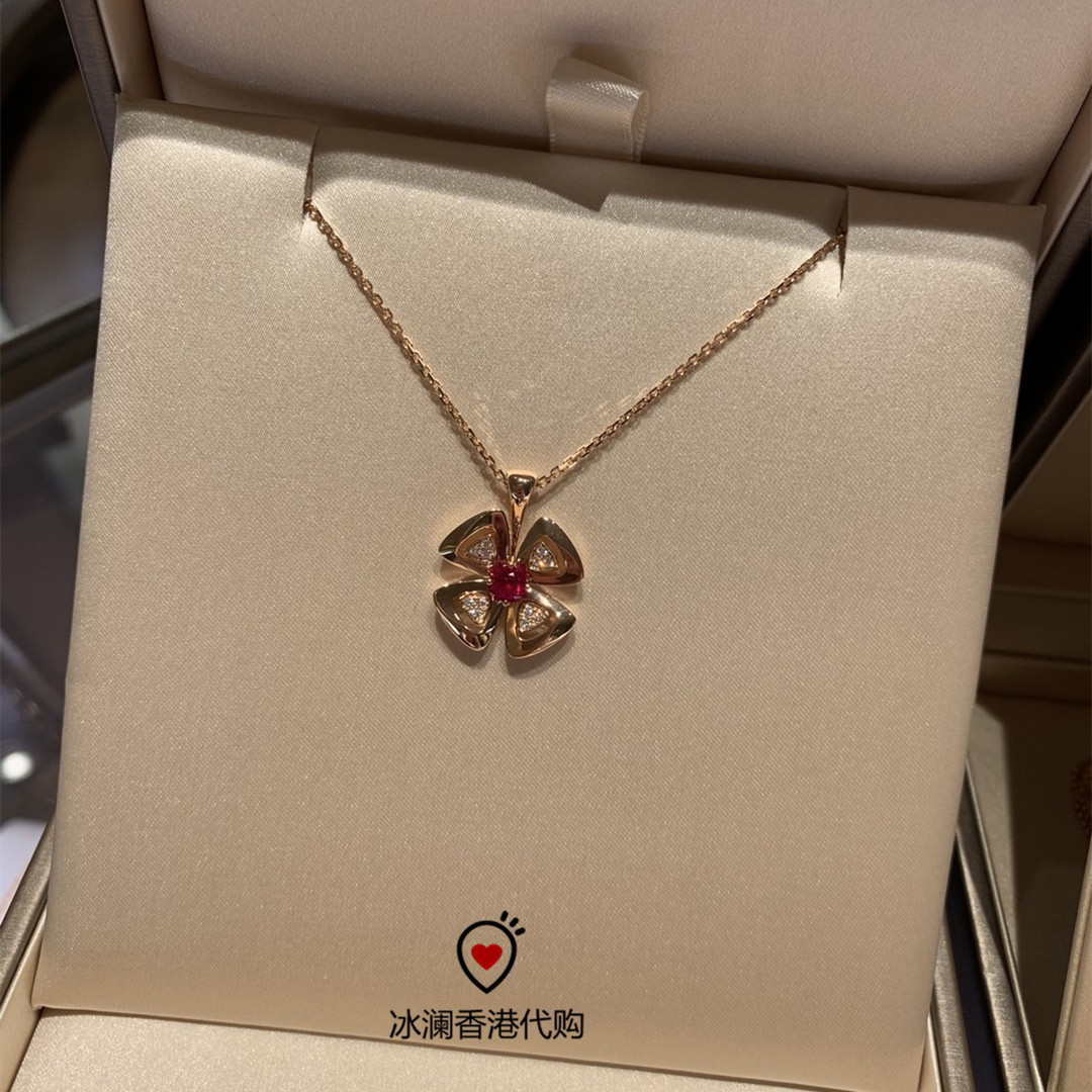 香港代购 bvlgari宝格丽永生花红宝石项链 玫瑰金fiorever特别版