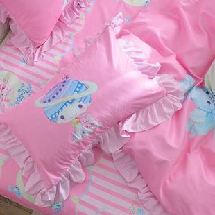 少女心公主风粉色双子星全棉枕套单双人纯棉卡通枕芯套一对装包邮