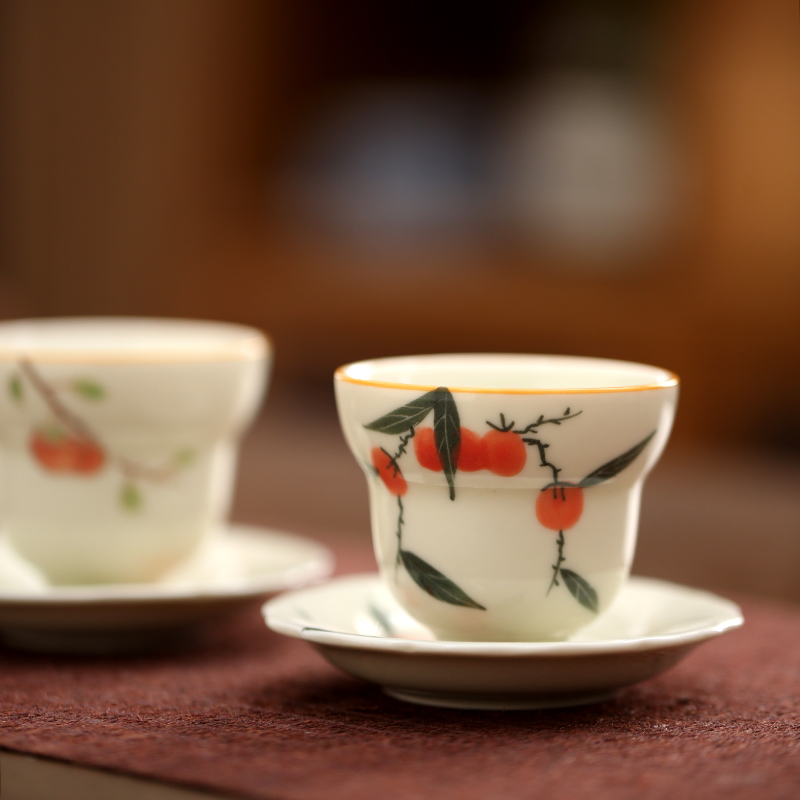 新款草木灰陶瓷茶杯手绘葫芦主人杯品茗杯小客杯高颜值防烫杯垫