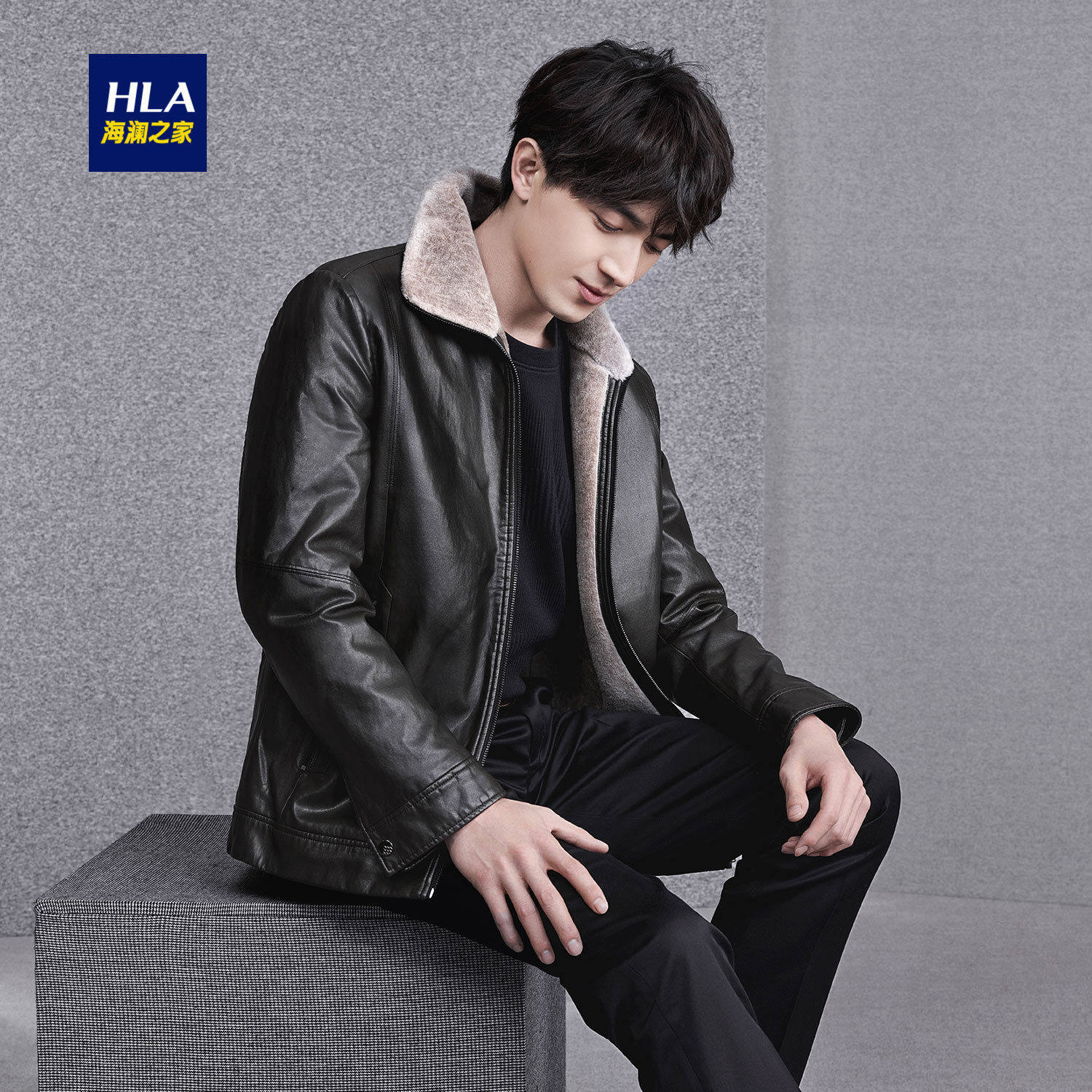 hla/海澜之家翻领pu皮夹克2018冬季新品加绒保暖皮毛一体外套男_不