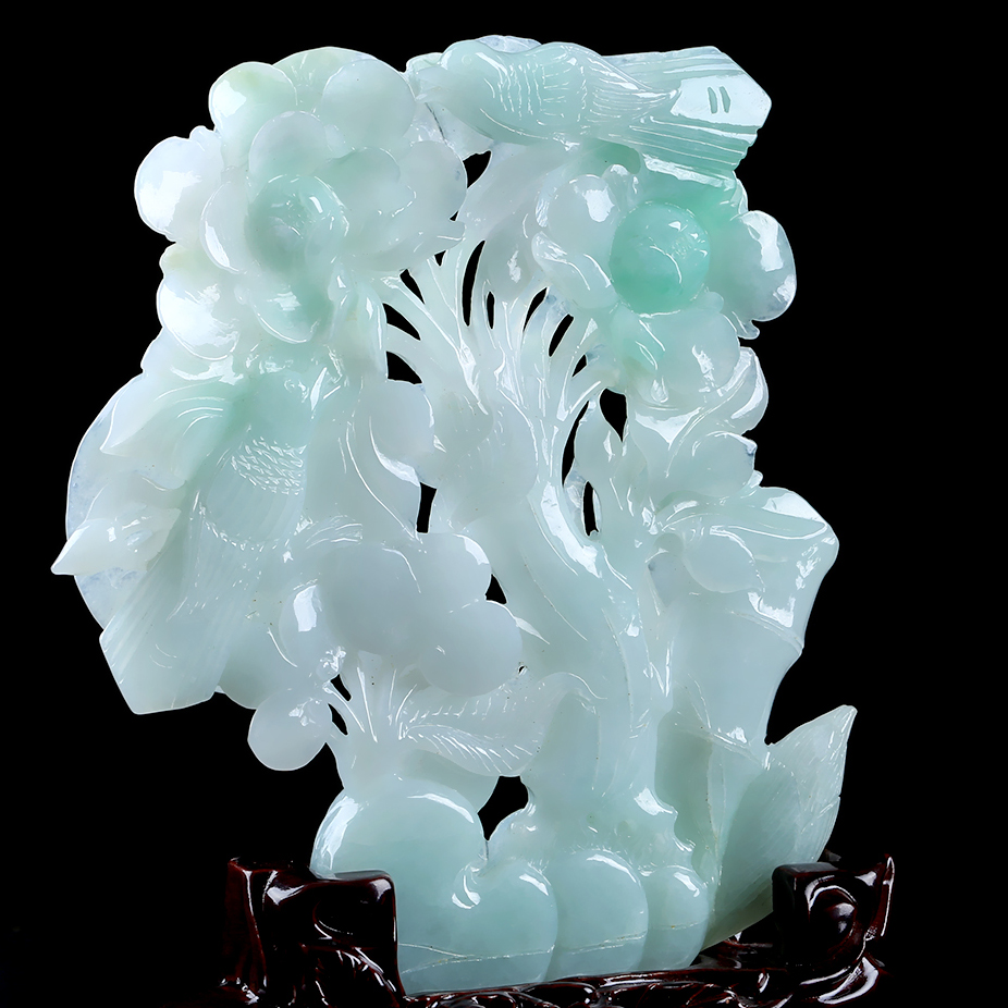 天然缅甸翡翠a货花鸟摆件 940克