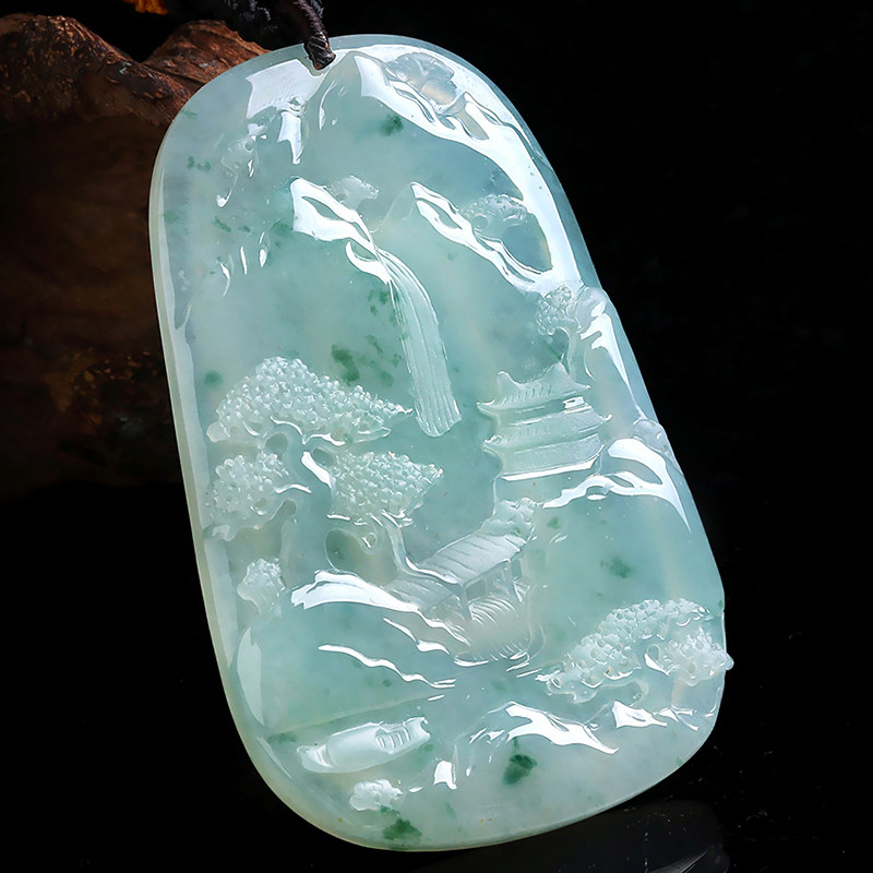 玉雕大师马铁军作品天然缅甸翡翠山水牌吊坠56.14g(含绳)