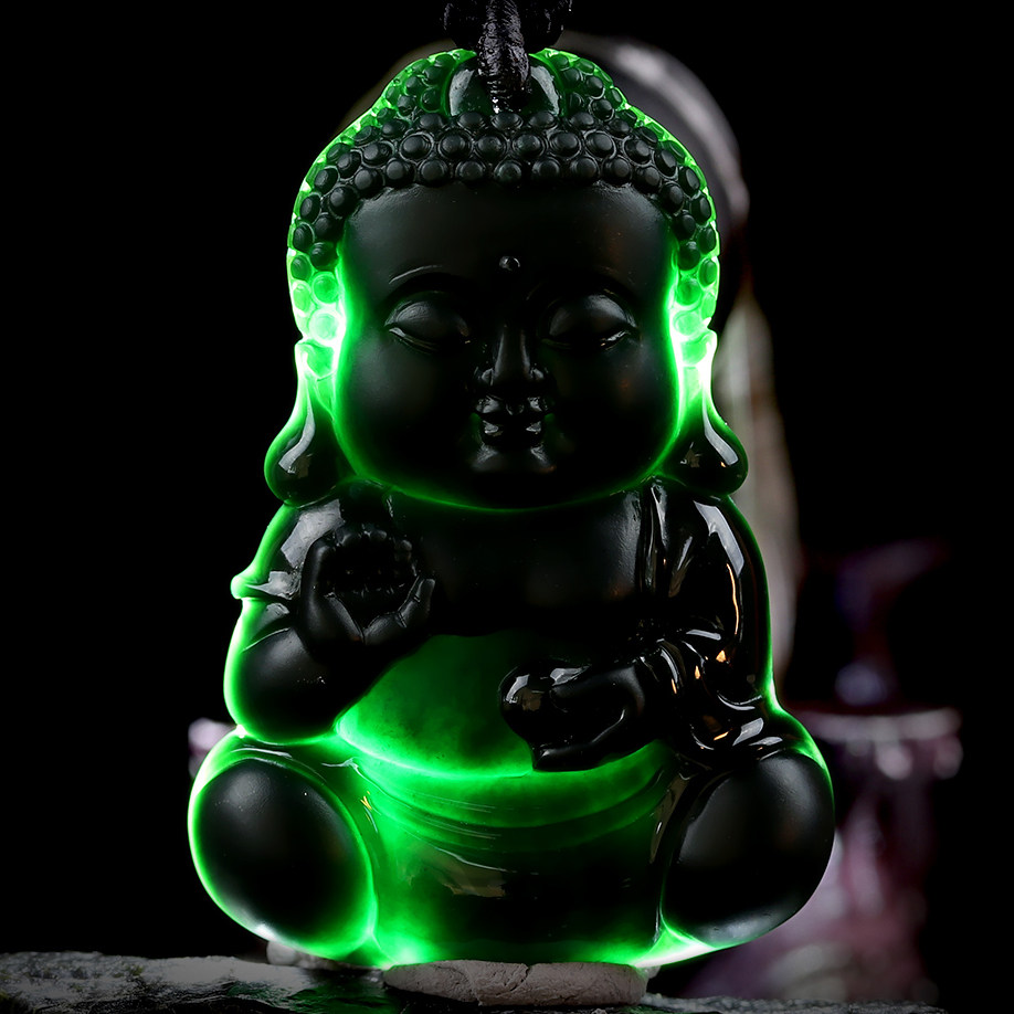 天然缅甸a货翡翠墨翠娃娃佛吊坠23.78g(含绳)