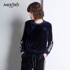 Mixtie/美诗缇秋季新款杠条运动风撞色长袖圆领套头丝绒卫衣