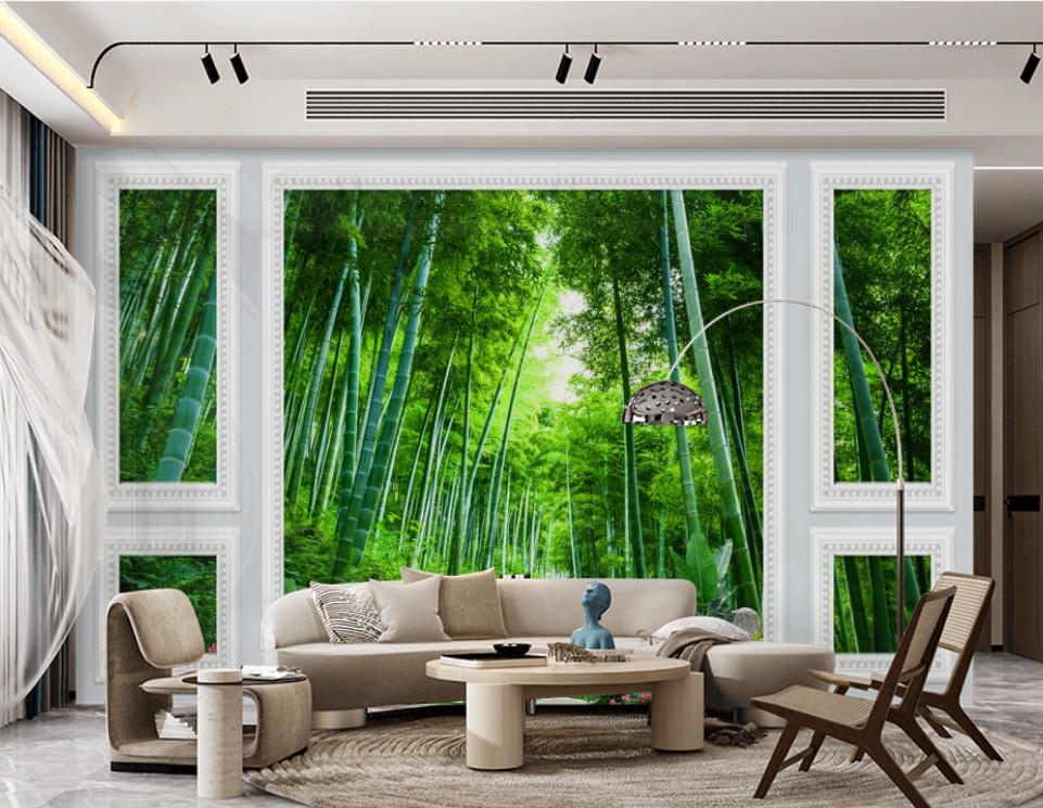 定制环保延伸3D立体竹子绿色竹林森林树林绿色护眼电视墙护目绿色