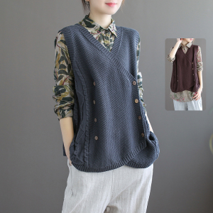 新款针织棉上衣女士马夹粗毛线坎肩宽松复古不对称双排扣开衫马甲
